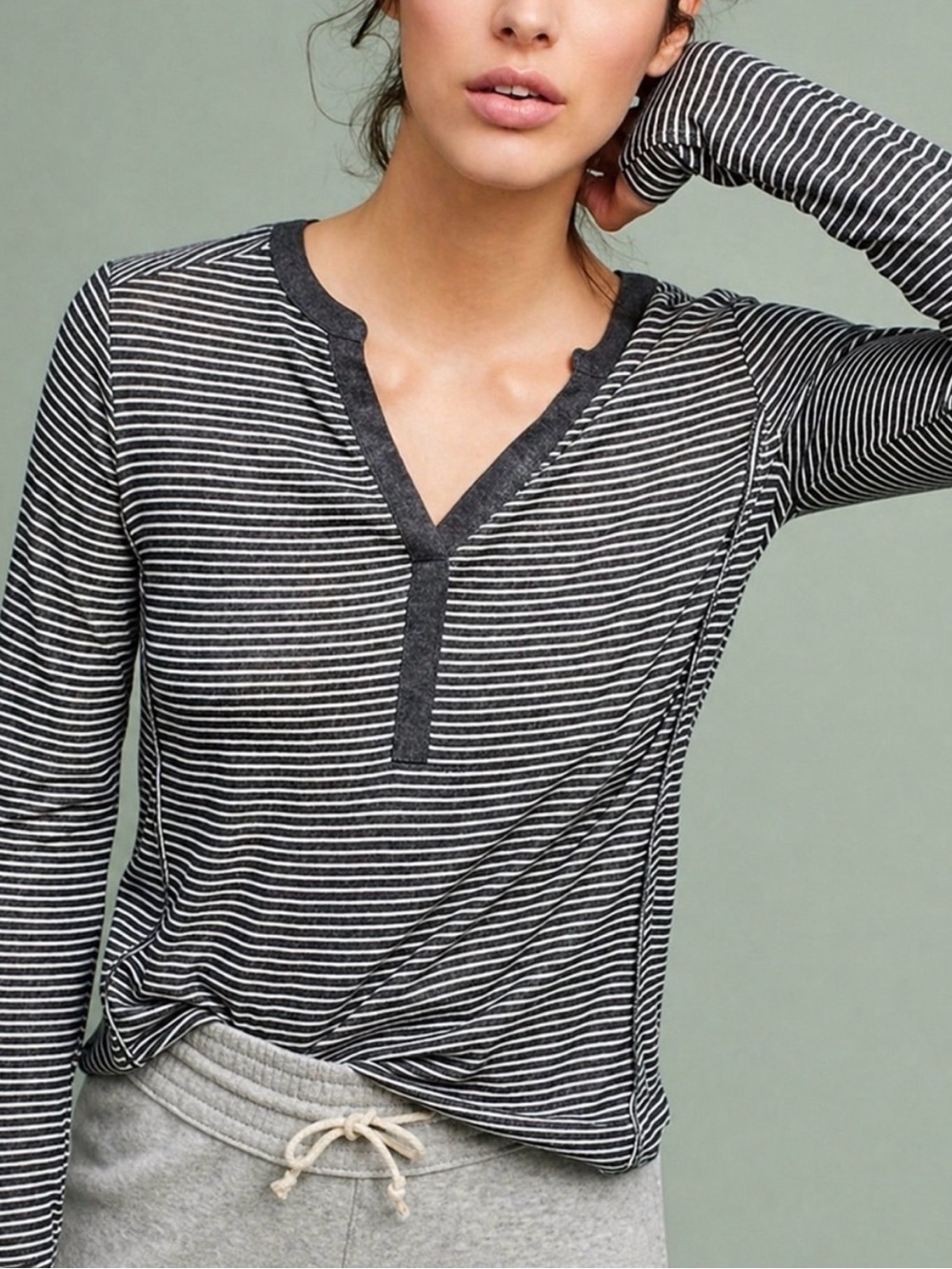 Anthropologie Akemi + Kin Metallic Striped Henley Top Casual Loungewear Size M